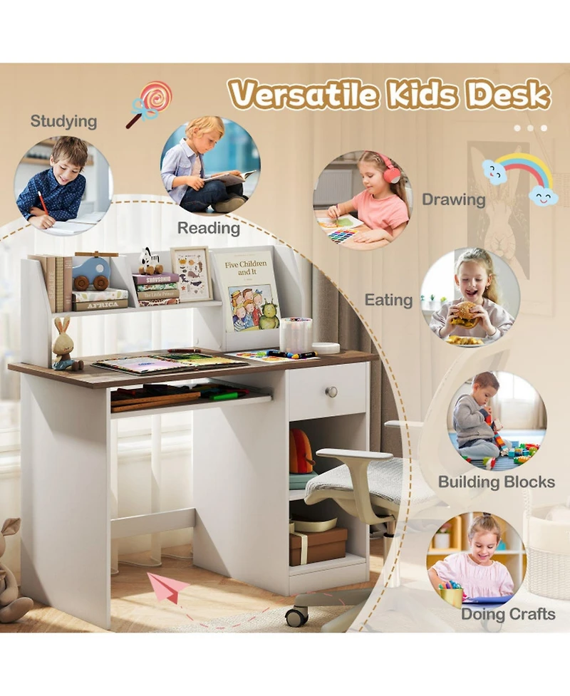 Sugift Kids Study Desk with Hutch Shelves and Keyboard Tray Drawer