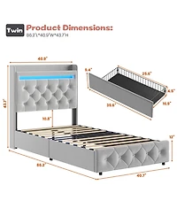 homfan Upholstered Led Bed Frame, Storage Headboard, Charging Station and 2 Drawers, Velvet Princess Platform for Kids, Support