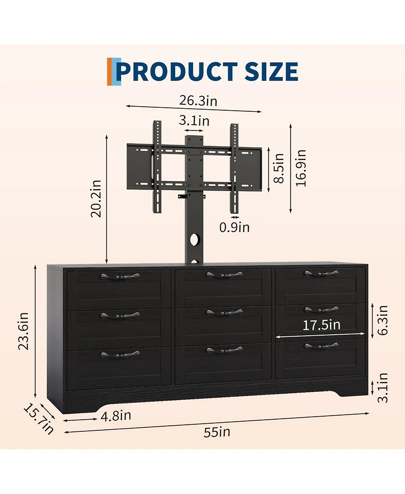 homfan 55" 9 Drawers Dresser Tv Stand with Mount for 32-85" TVs, Modern Entertainment Center Adjustable Height Bracket, Modern Cabinet for Living Room