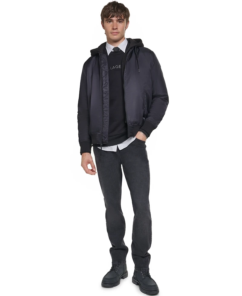 Karl Lagerfeld Paris Men's Embroidered Signature Hooded Bomber