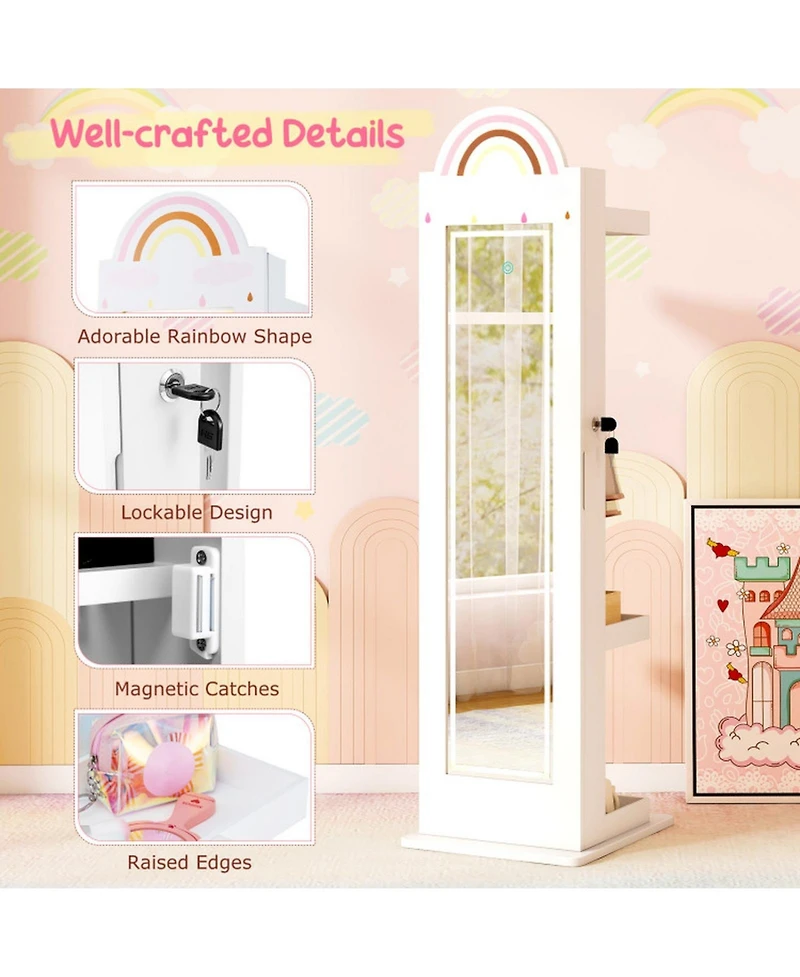 Sugift Kids 3-in-1 Freestanding Jewelry Armoire with Lighted Full-Length Mirror and Rainbow Design