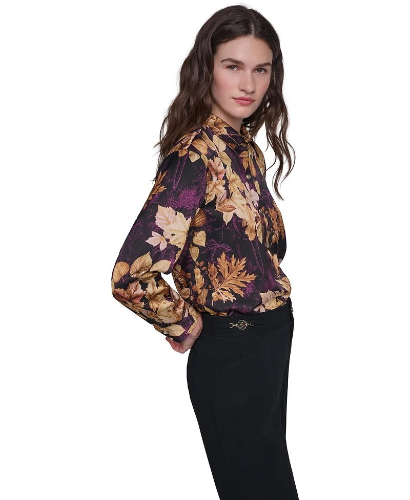Karl Lagerfeld Paris Petite Gold Floral Printed Long-Sleeve Satin Blouse
