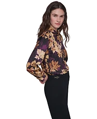 Karl Lagerfeld Paris Petite Gold Floral Printed Long-Sleeve Satin Blouse