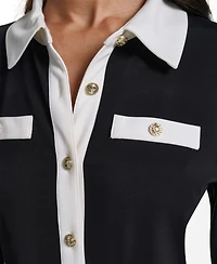 Karl Lagerfeld Paris Petite Long-Sleeve Colorblock-Knit Blouse