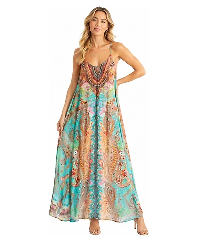 La Moda Clothing Women's Medallion and Paisley Long-Sleeve Wrap Maxi Dress