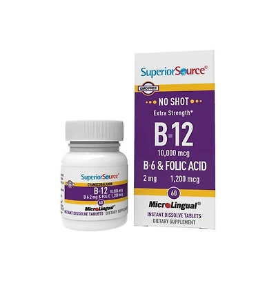 Superior Source No Shot Vitamin B-12 Cyanocobalamin 10000 mcg, B-6, Folic Acid 1200 mcg