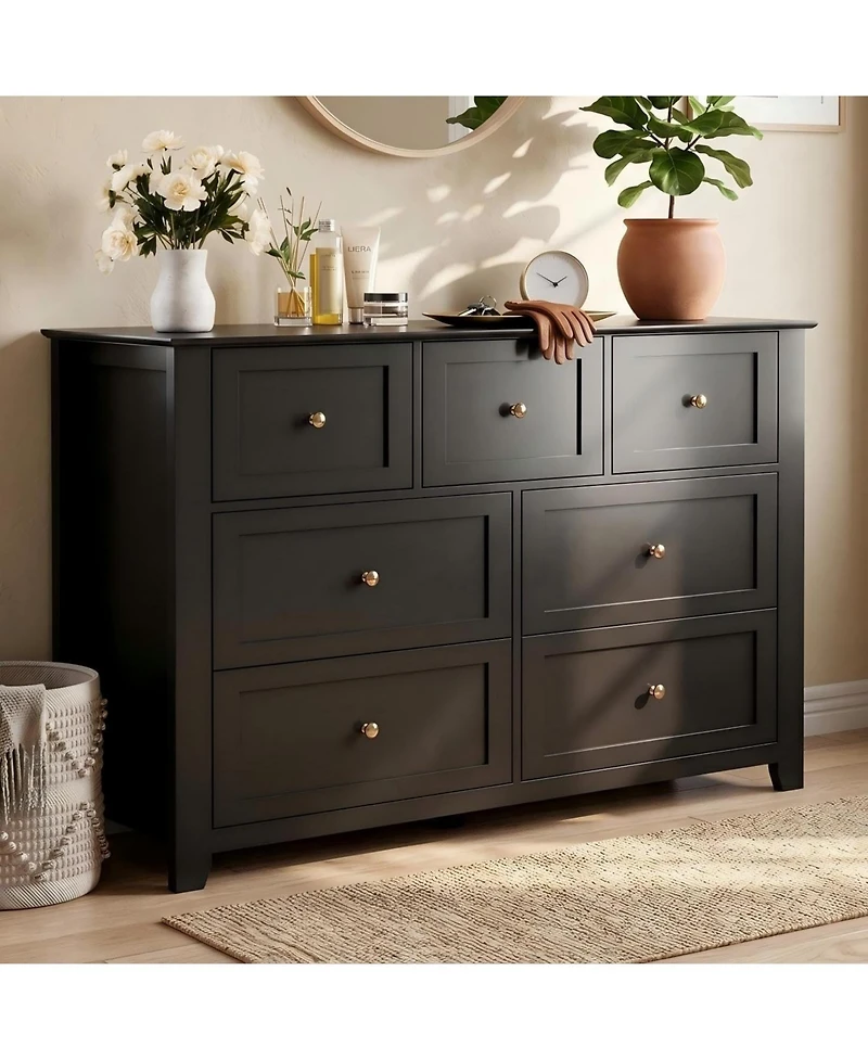 54" Wide 7-Drawer Lacquered Storage Chest, Modern Dresser Organizer with Multiple Drawers, Cabinet for Bedroom and Entryway