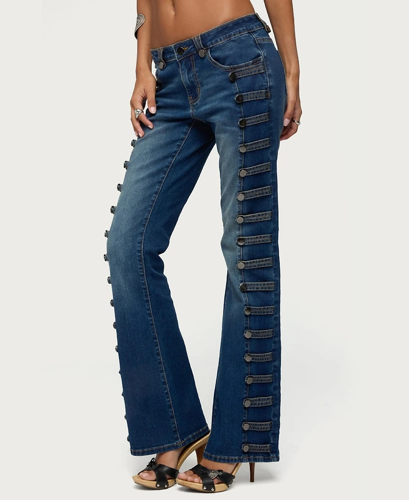 Edikted Women's Button Loop Low Rise Bootcut Jeans