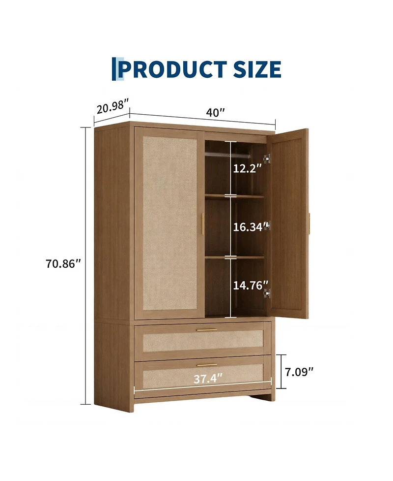 homfan Boho Rattan Wardrobe with Hanging Rod and Drawers