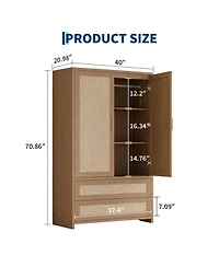 homfan Boho Rattan Wardrobe with Hanging Rod and Drawers