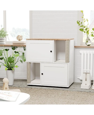 homfan Modern Double Cat Litter Box Cabinet Enclosure for 2 Cats, Hidden Washroom Furniture, Dual Compartments, Odor, Mark-Resistant Panels
