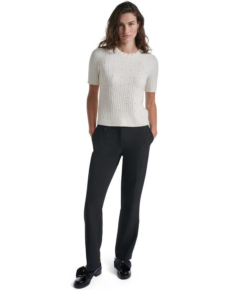 Karl Lagerfeld Paris Petite Cable-Knit Short-Sleeve Embellished Sweater