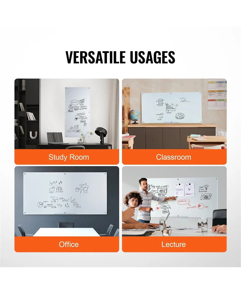 Yobtop Magnetic Glass Whiteboard, Dry Erase Board Wall-Mounted Large White Glassboard Frameless,Marker Tray,Eraser and 2 Markers Included