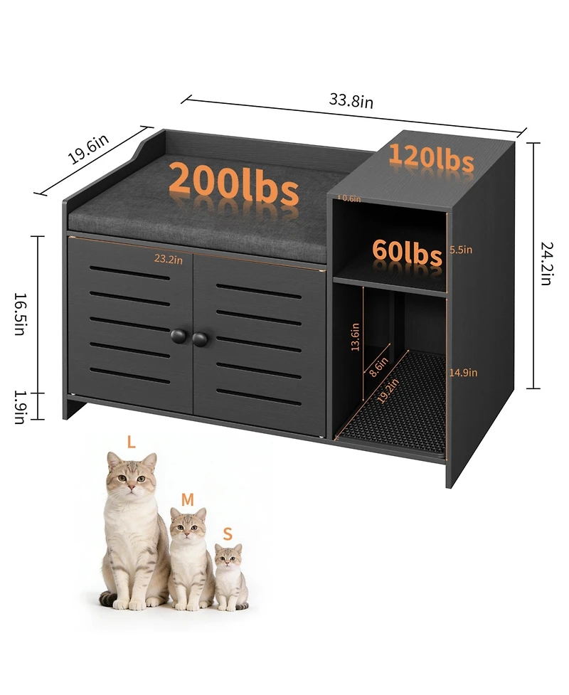 homfan Hidden Litter Box Furniture with Cushion, Mark Pad, Storage Shelf, Odor Control, Large Modern Wooden House Cabinet, Fits Most Boxes