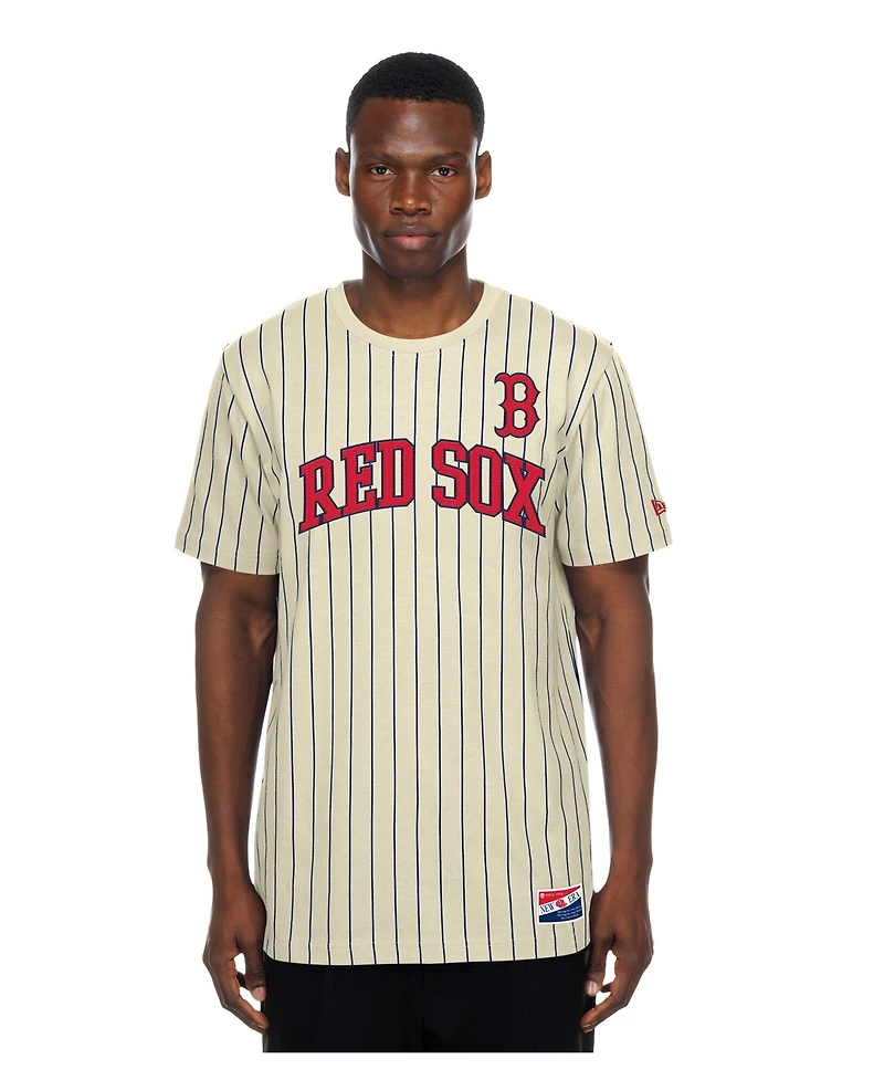 New Era Men's Cream Boston Red Sox Throwback Meshback Pinstripe T-Shirt