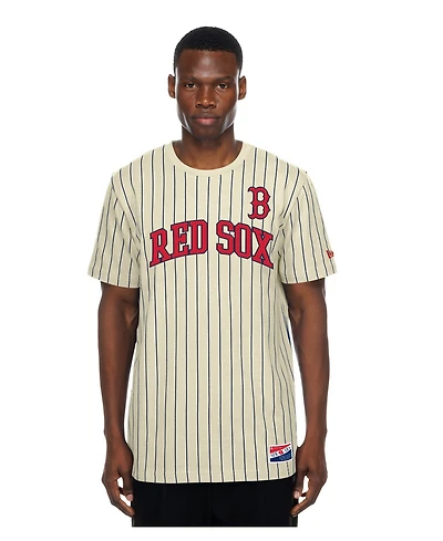 New Era Men's Cream Boston Red Sox Throwback Meshback Pinstripe T-Shirt