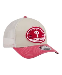 New Era Men's Light Beige/Red Philadelphia Phillies Frayed M-Crown A-Frame 9FORTY Trucker Adjustable Hat