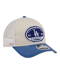 New Era Men's Light Beige/Royal Los Angeles Dodgers Frayed M-Crown A-Frame 9FORTY Trucker Adjustable Hat