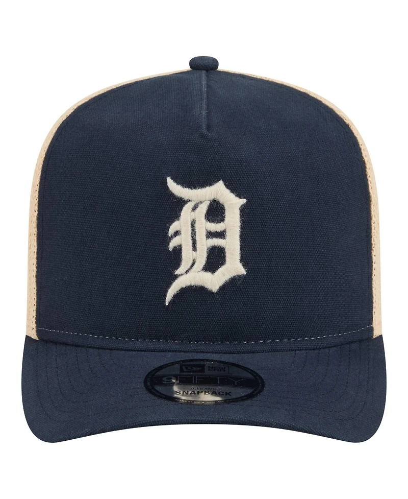 New Era Men's Navy/Natural Detroit Tigers Grained 9FIFTY A-Frame Trucker Adjustable Hat