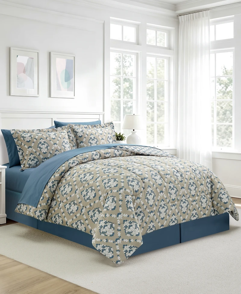 Macy's Blockprint Trellis Reversible Microfiber 8-piece Comforter Set