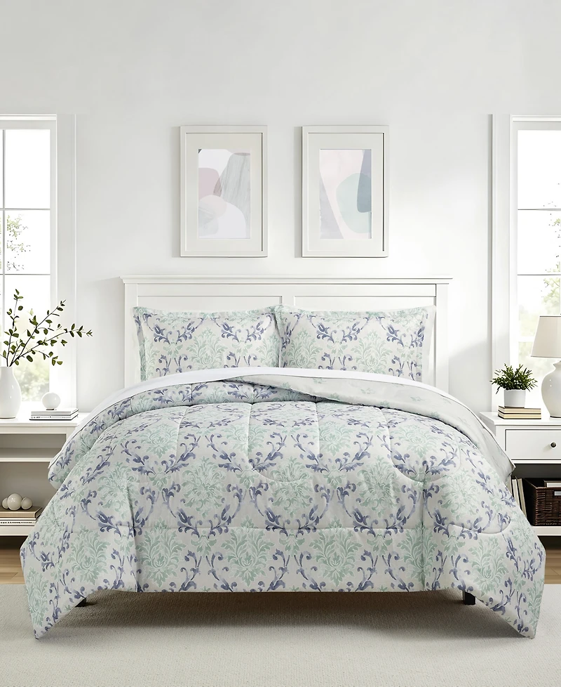 Macy's Painterly Damask Reversible Microfiber 3-piece Comforter Set