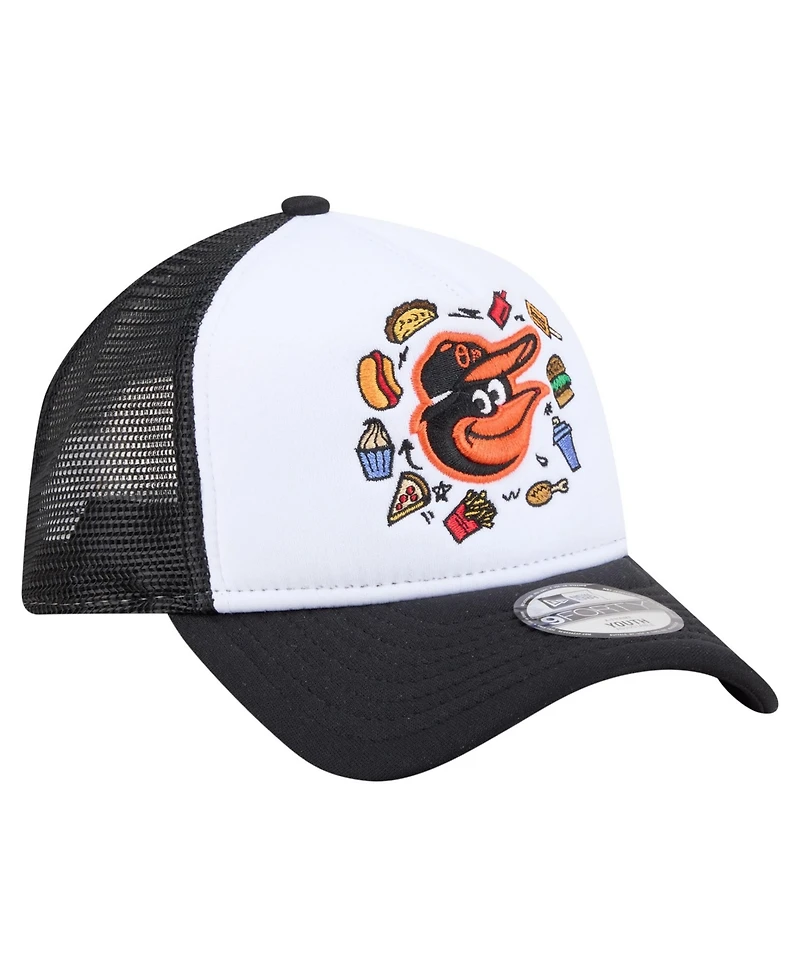 New Era Big Boys and Girls White/Black Baltimore Orioles Food A-Frame 9FORTY Trucker Adjustable Hat