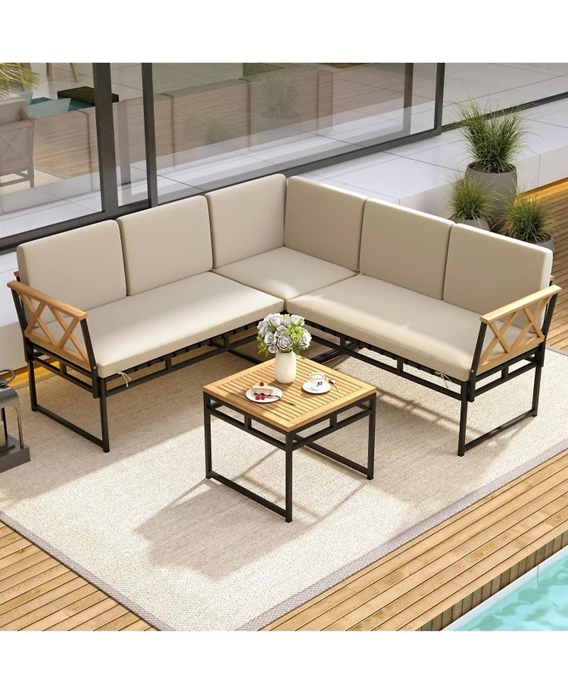Gouun 4-Piece Outdoor Patio L-Shaped Sectional Sofa Conversation Set with Acacia Wood Side Table