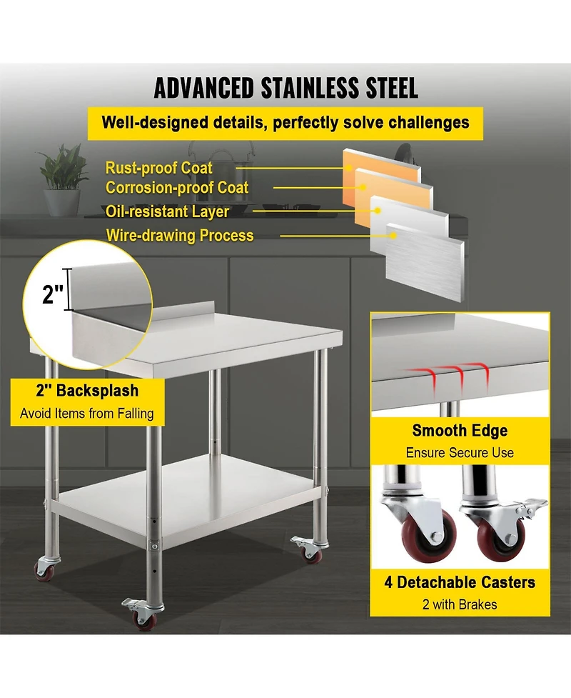 Hongge Rolling Stainless Steel Prep Table with Adjustable Undershelf