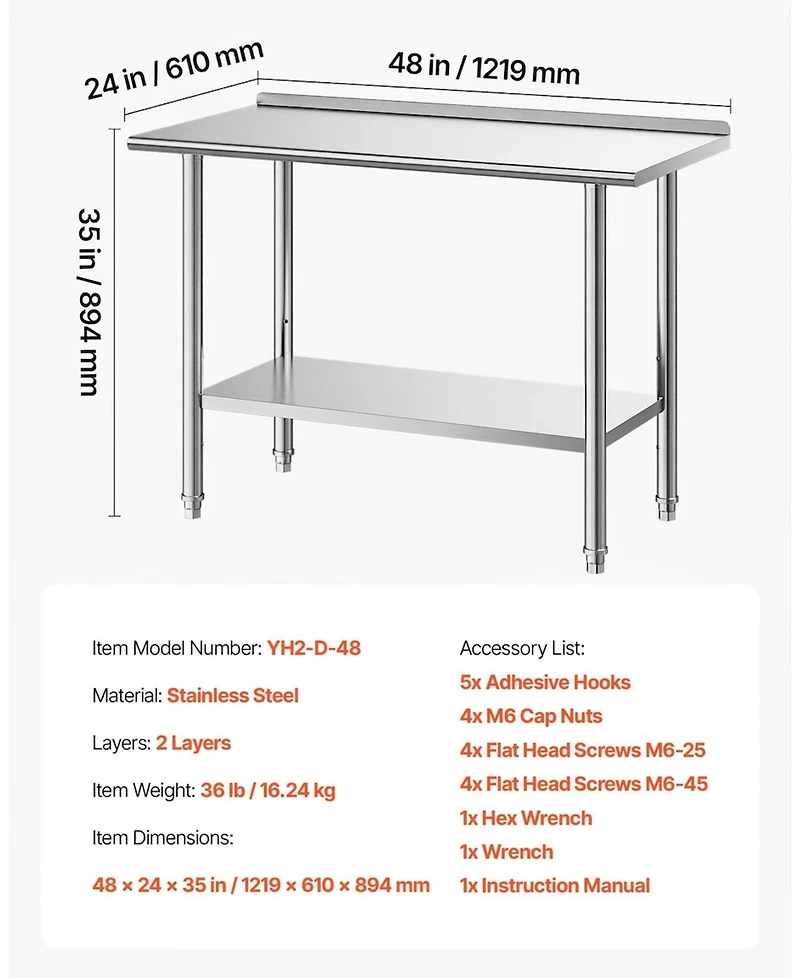 Hongge Commercial Grade Stainless Steel Food Prep Station 24 x 48 in with Backsplash and Adjustable Undershelf