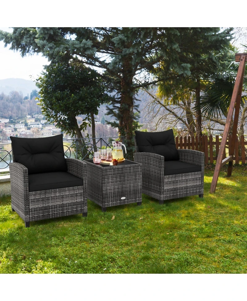 Gouun 3-Piece Outdoor Pe Rattan Conversation Set with Tempered Glass Table