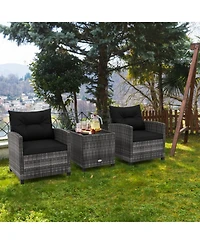 Gouun 3-Piece Outdoor Pe Rattan Conversation Set with Tempered Glass Table
