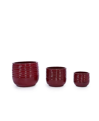 Yobtop Handmade Ceramic Planter Set of 3 - 15/11/8 Inch, Horizontal Groove Pattern, Breathable Clay, Indoor Outdoor Succulent Flower Pots
