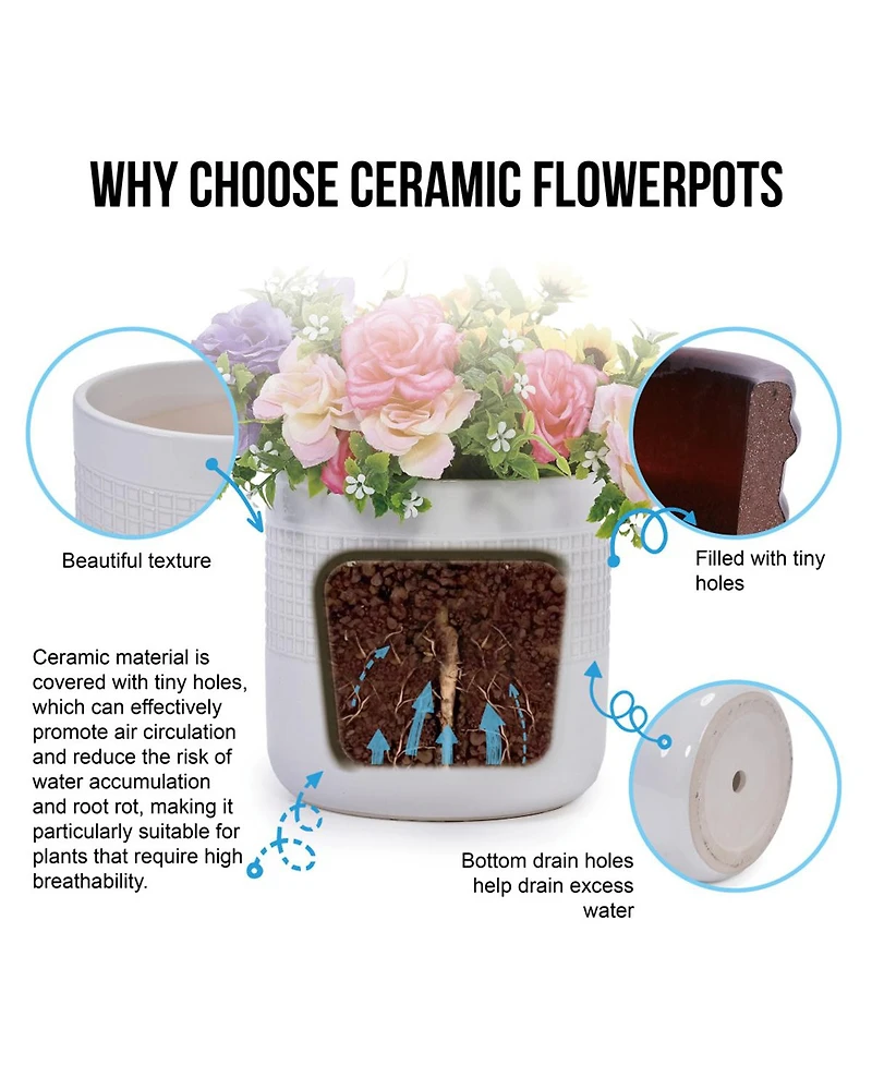 Yobtop Handmade Ceramic Planter Set of 3 - Graduated Sizes 5.51 to 9.65 Inch Flower Pots, Breathable Textured Clay, Indoor and Outdoor Use