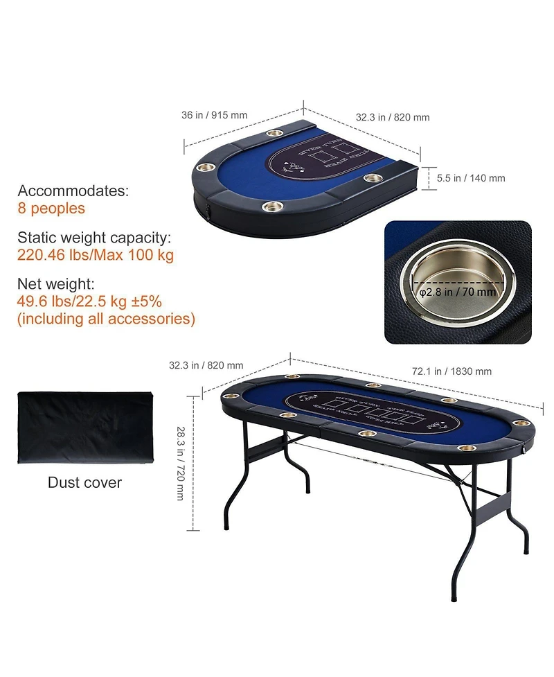 Slickblue Portable 8-Player Poker Table with Folding Design, Padded Rails and Cup Holders