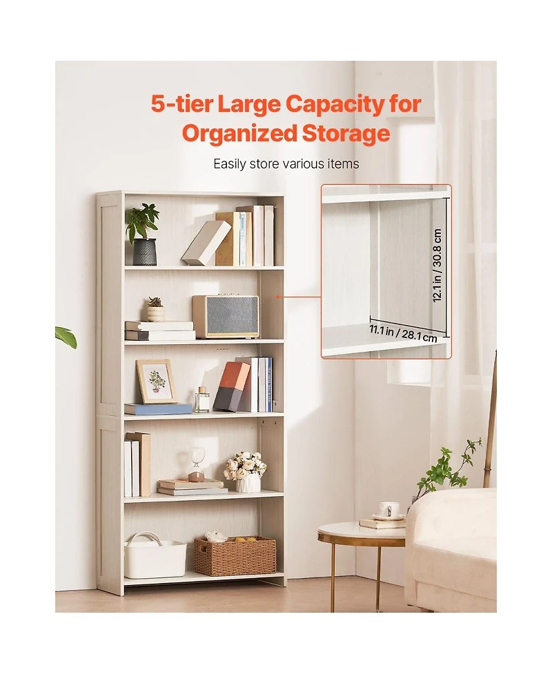 Slickblue Tall 5 Tier Wooden Bookcase with Display Shelves, Freestanding Storage Organizer for Living Room