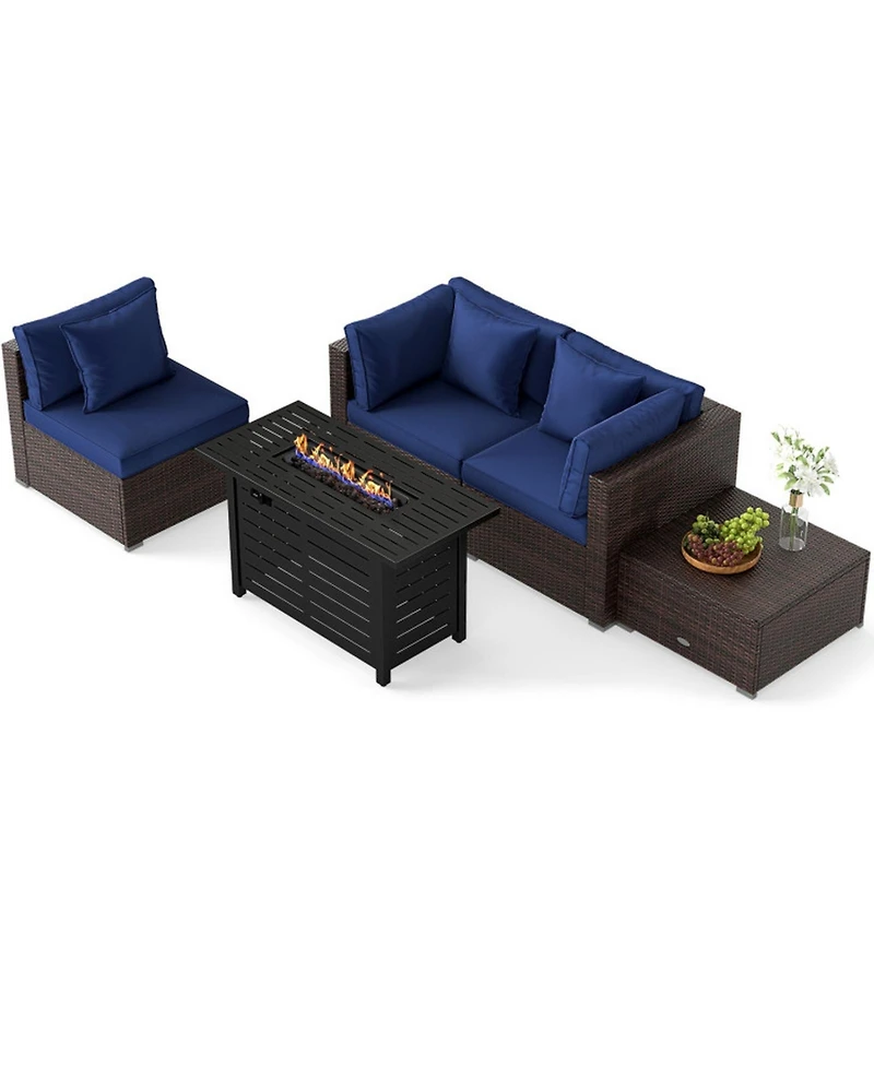 Gouun 5-Piece Pe Rattan Sofa Set with 60,000 Btu Fire Pit Table and Ottomans