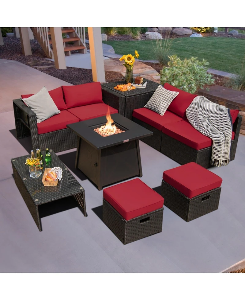 Gouun 9-Piece Weatherproof Outdoor Patio Conversation Set with 30 in 50,000 Btu Propane Fire Pit Table