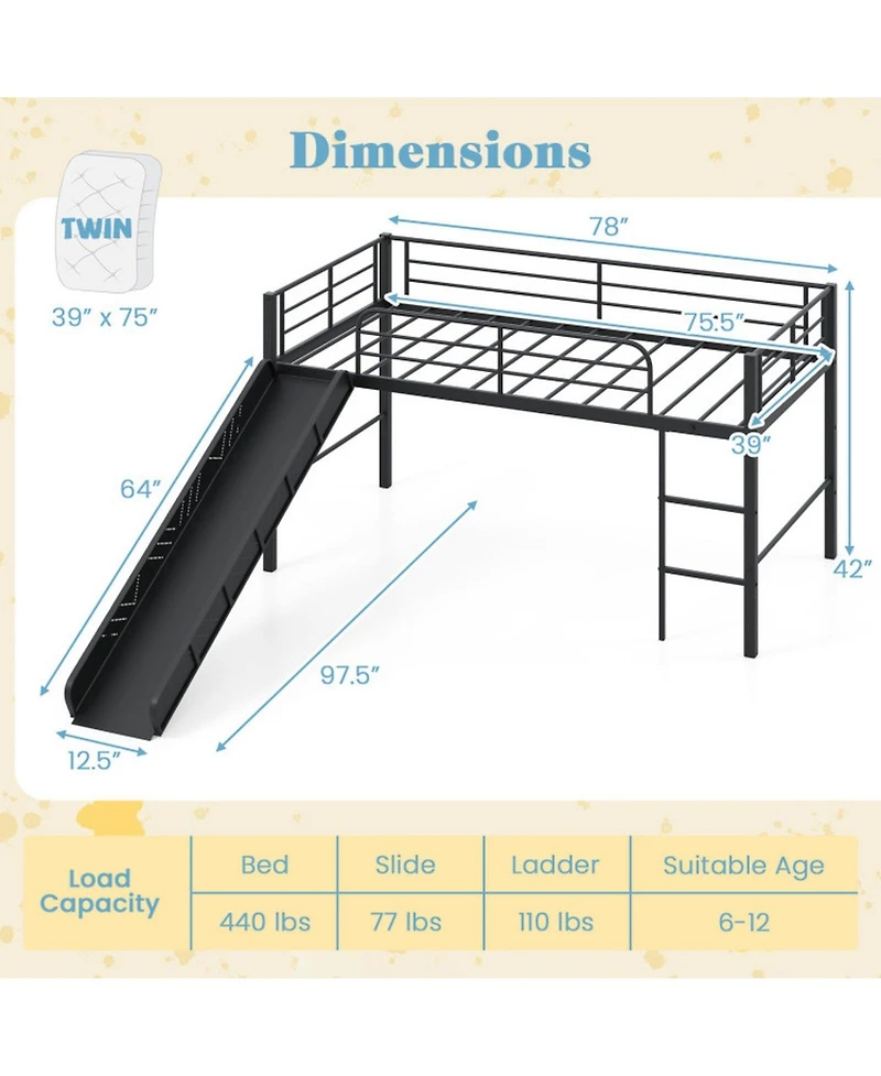 Gouun Twin Metal Loft Bed for Kids with Slide and Built-in Ladder