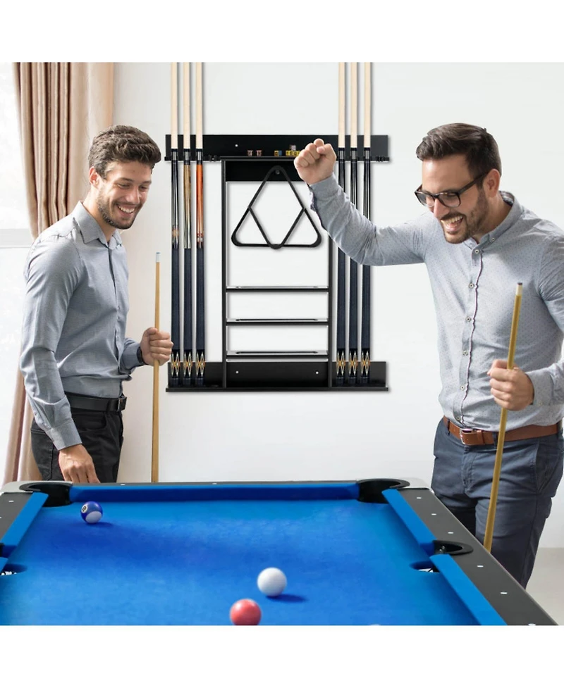 Gouun Wall-Mounted Solid Pine Billiards Cue Rack with Ball Storage