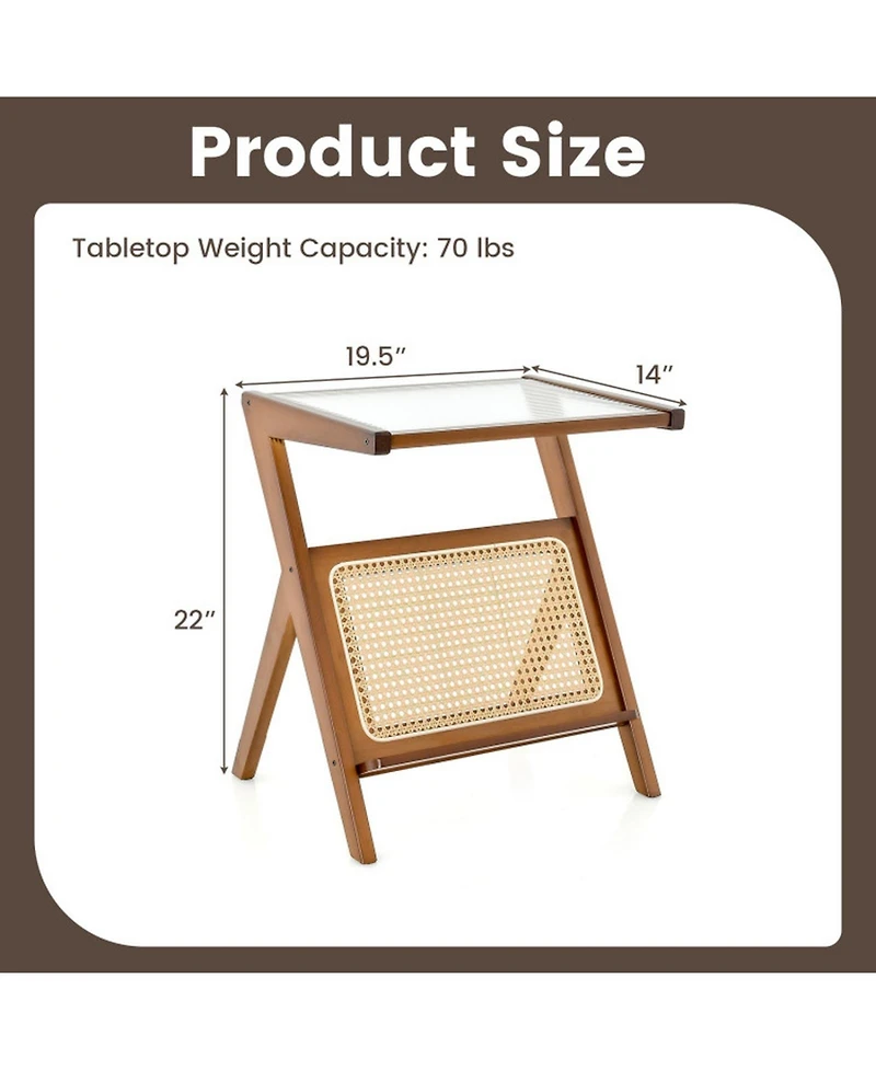 Gouun Boho Bamboo End Table with Tempered Glass Top and Magazine Rack
