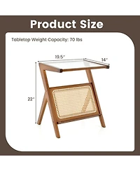 Gouun Boho Bamboo End Table with Tempered Glass Top and Magazine Rack