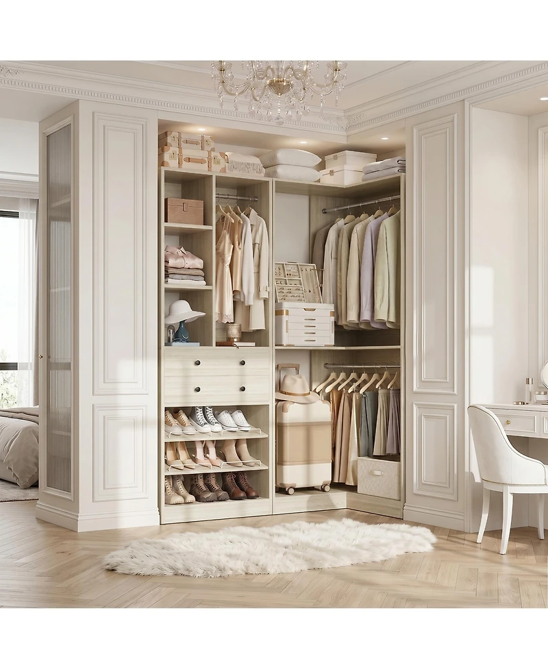 Aheaplus Corner Closet Organizer System Set with 2 Drawers and 3 Hanging Rods