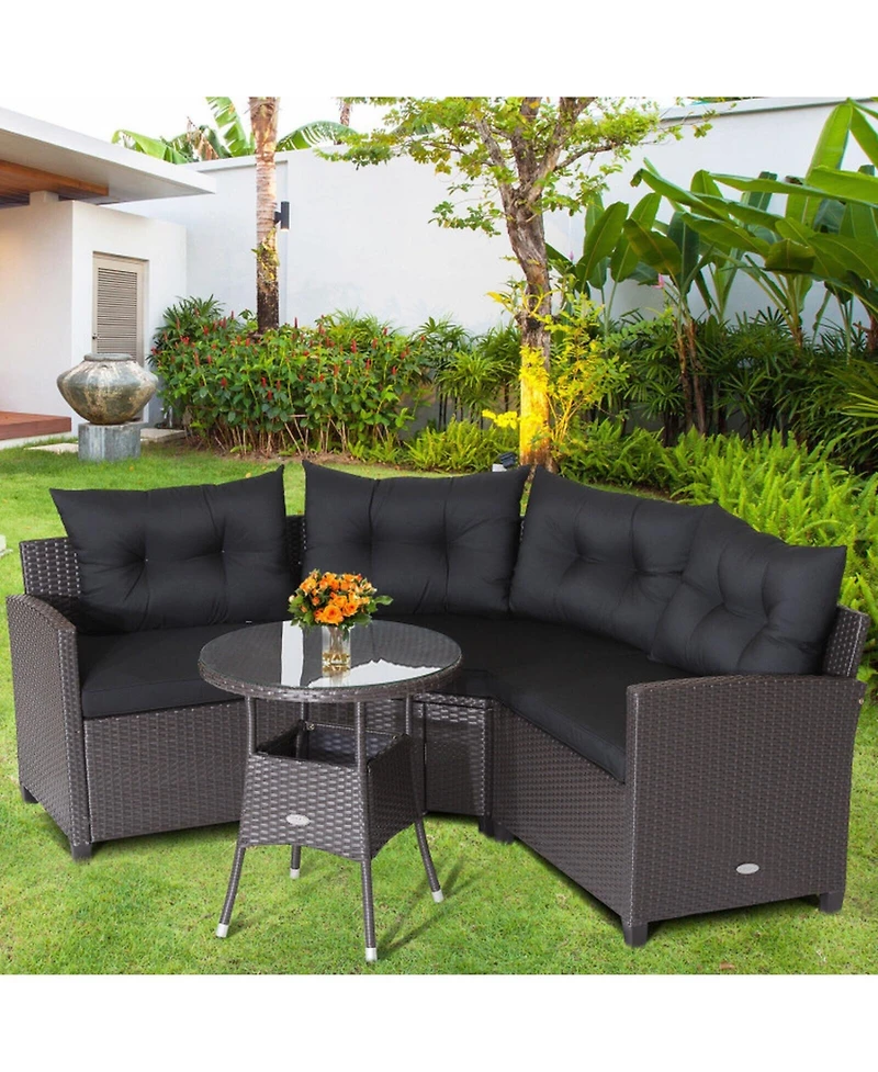 Gouun 4 Piece Outdoor Rattan Conversation Set with Round Glass Coffee Table and 3 Connected Sofas