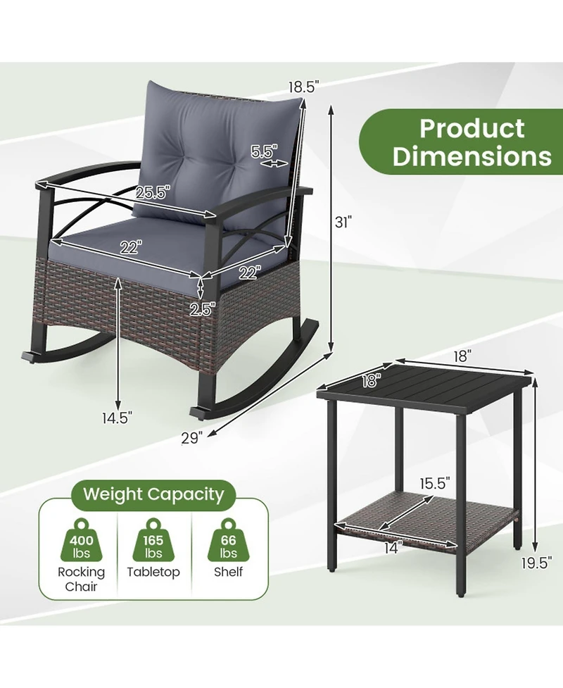 Gouun 3 Piece Outdoor Rocking Bistro Set with Pe Wicker Rocker Chairs and Acacia Wood Top Table