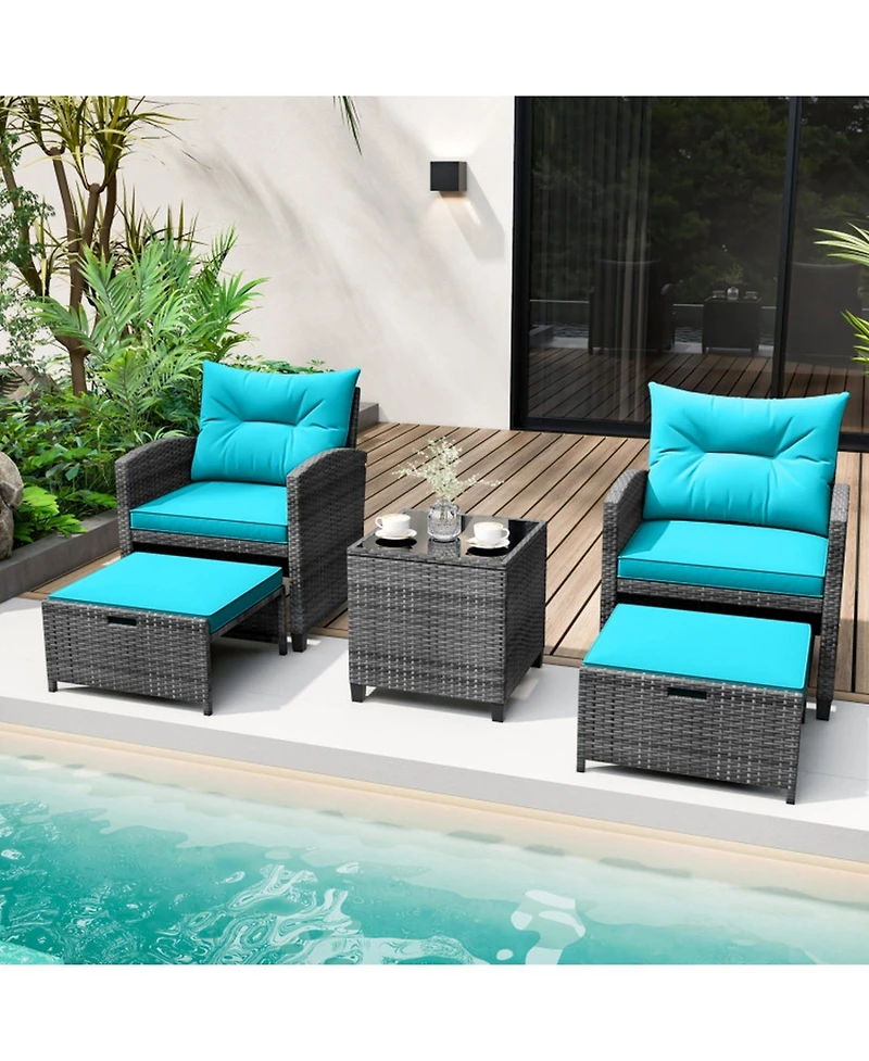 Gouun 5-Piece Patio Rattan Furniture Set with 2 Ottomans and Tempered Glass Table