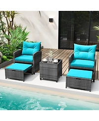 Gouun 5-Piece Patio Rattan Furniture Set with 2 Ottomans and Tempered Glass Table