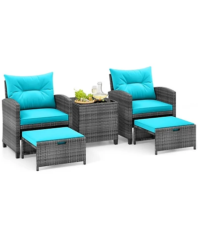 Gouun 5-Piece Patio Rattan Furniture Set with 2 Ottomans and Tempered Glass Table