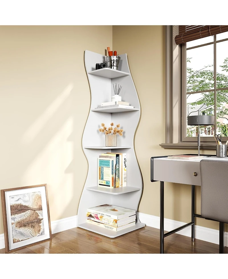 Tribesigns 5-Tier Wavy Corner Bookshelf with Curved Design