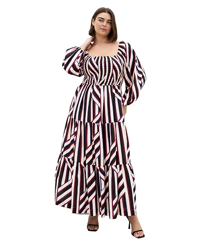 City Chic Plus Long-Sleeve Stripe Shirred Maxi Dress