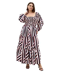 City Chic Plus Long-Sleeve Stripe Shirred Maxi Dress